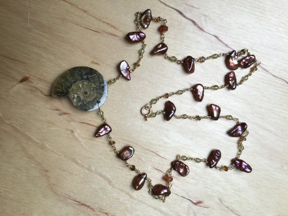 Ammonite Pearl and Peridot Necklace