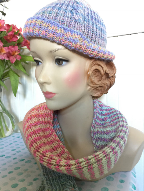 Hand Knit Pastel Cabled Hat and Scarf Set
