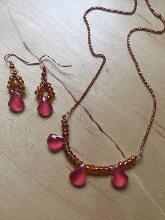 Insouciant Studios Petals Earring and Necklace Set Raspberry Quartz