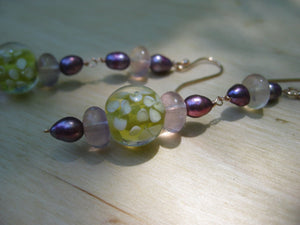 Insouciant Studios Garden Party Earrings Floral Lampwork and Pearl